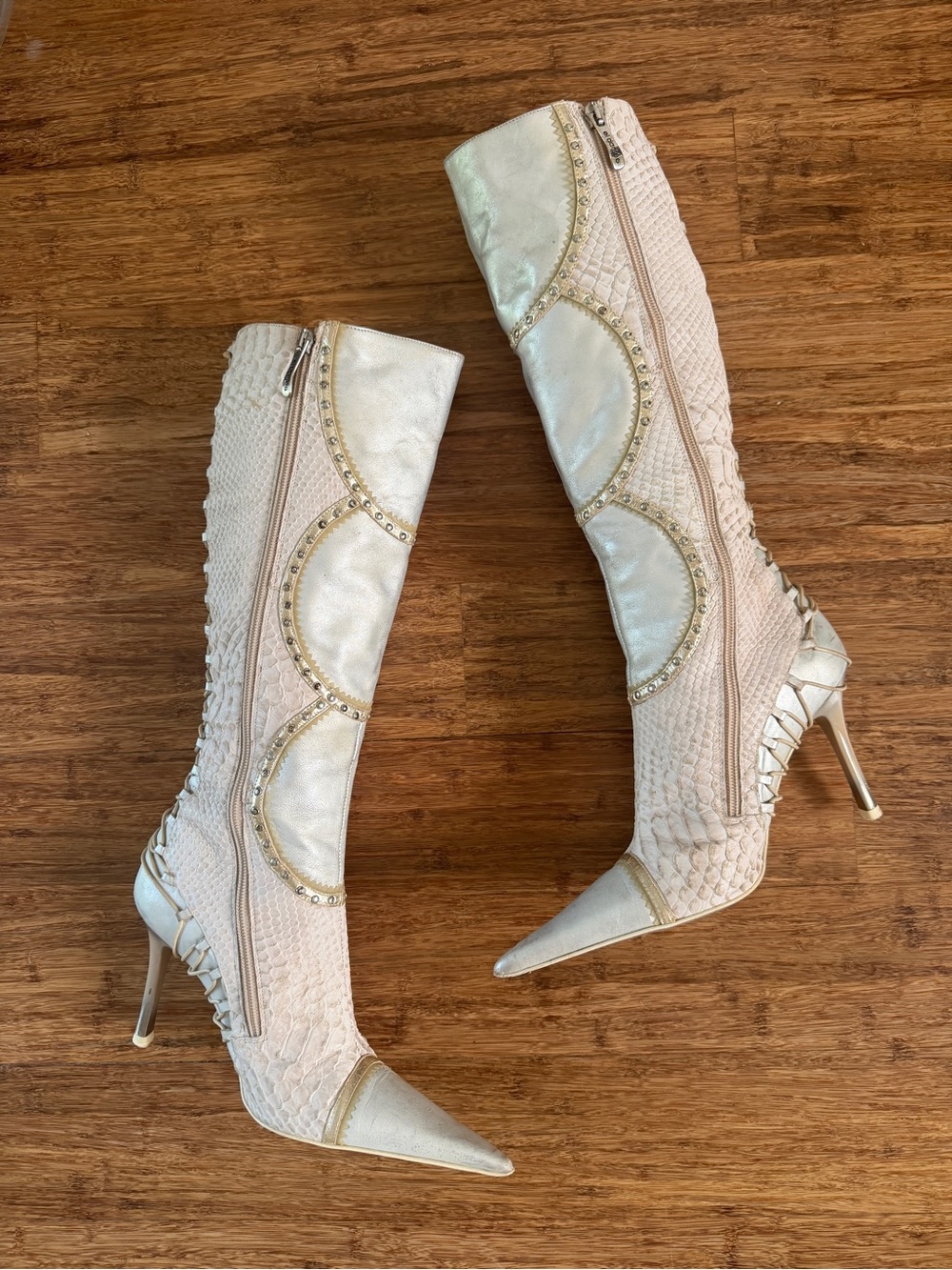 Metallic Ivory Pointed-Toe Stiletto Knee-High Boots - Picture 2 of 3